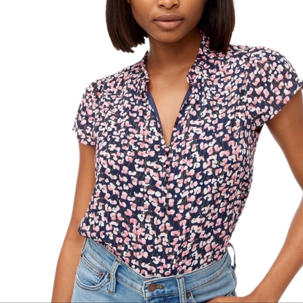 J. CREW Navy & Pink Ruffleneck Button-Up Shirt | Size XS